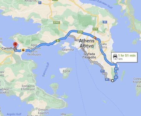 itinerary map sounion - corinth