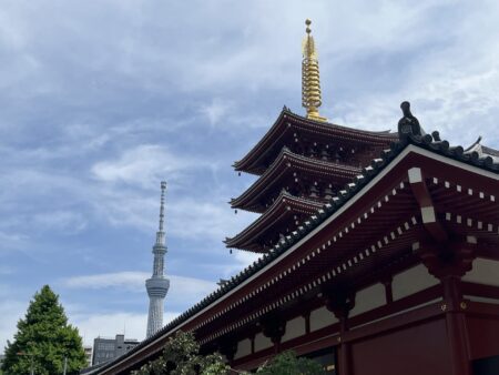 pagoda at asakusa and tokyo skytree in the distance